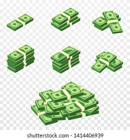 Bunches of money in cartoon 3d style. Set of different packs of dollar bills. Isometric green dollars, profit, investment and savings concept. Vector