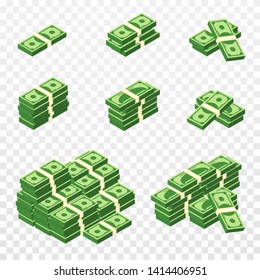 Bunches of money in cartoon 3d style. Set of different packs of dollar bills. Isometric green dollars, profit, investment and savings concept. Vector