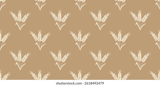 Bunches of oat spikelets seamless pattern. Cereal harvest autumn background. Natural agricultural print. Vector graphics