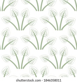 Bunches of painterly vector folk art leaves seamless pattern background. Pastel green white backdrop with hand drawn scandi style foliage. Geometric damask leaf design.Botanical all over print.