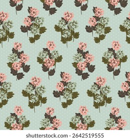 Bunches of pretty flowers on a polka dot background, forming a maximalist botanical pattern in a retro vintage vibe in colors of pink, green, brown, off white and blue. Floral seamless vector pattern.