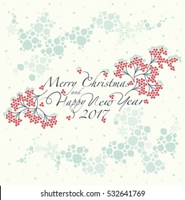Bunches of red Rowan,the pattern of the snow globe and the phrase merry christmas and happy new year on the white  background. 