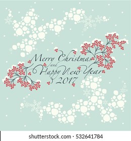 Bunches of red Rowan,the pattern of the snow globe and the phrase merry christmas and happy new year on the blue background. 