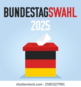 Bundestagswahl 2025, federal elections 2025 in German. Vote box with flag, text and ballot going into voting box.