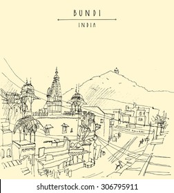 Bundi, Rajasthan, India. Colorful drawing on paper. Vector isolated travel postcard or poster template with "Bundi, India" hand lettering