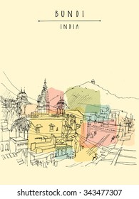 Bundi, Rajasthan, India. Hindu temple in old town. Artistic drawing. Indian travel postcard or poster with hand lettering. Vector illustration
