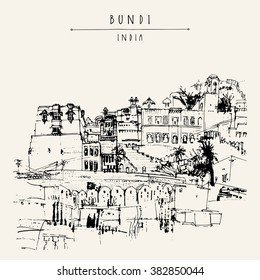 Bundi, Rajasthan, India. Maharajah's palace. Artistic drawing. Indian travel postcard or poster with hand lettering. Vector illustration