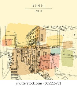 Bundi, Rajasthan, India. Street in old town center. Artistic drawing on paper. Vector isolated travel postcard or poster template with "Bundi, India" hand lettering