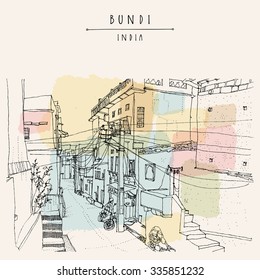 Bundi, Rajasthan, India. Street in old town. Artistic drawing. Indian travel postcard or poster with hand lettering. Vector illustration

