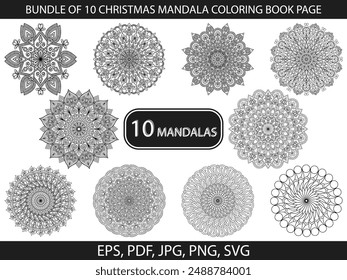 Bundle of 10 Christmas Mandala Coloring Book Pages. Easy Mandala Coloring Book Pages for Adults to Relax, Experiences Give Relief. Resizeable Vector File