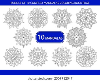 Bundle of 10 Complex frame Mandalas Coloring Book Page. Easy Mandala Coloring Book Pages for Adults to Relax, Experiences Give Relief. Resizeable Vector File