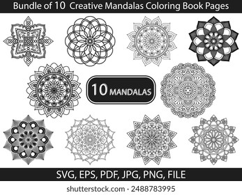 Bundle of 10 Creative Mandalas Coloring Book Page. Easy Mandala Coloring Book Pages for Adults to Relax, Experiences Give Relief. Resizable Vector File
