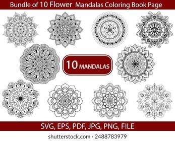 Paquete de la página del libro para colorear de 10 Mandalas. Fácil Mandala para colorear Páginas para que los adultos se relajen, las experiencias dan alivio. Archivo de Vector redimensionable