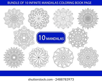 Paquete de 10 Infinite Circle Mandalas Coloring Book Pag. Fácil Mandala para colorear Páginas para que los adultos se relajen, las experiencias dan alivio. Archivo de Vector redimensionable