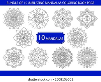 Paket mit 10 Jubilating Mandalas Malbuch Seite. Einfache Mandala Malbuch-Seiten für Erwachsene zum Entspannen, Erfahrungen geben Erleichterung. Größe der Vektordatei ändern