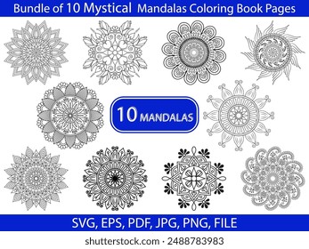 Bundle of 10 Mystical Mandalas Coloring Book Page. Easy Mandala Coloring Book Pages for Adults to Relax, Experiences Give Relief. Resizeable Vector File