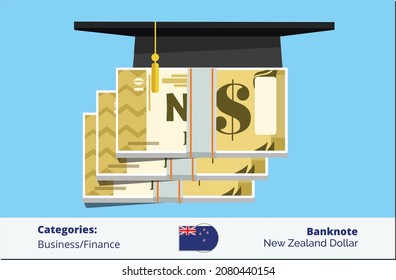 Bundle of 10 New Zealand Dollar banknotes Invest in education concept. Student cap.
