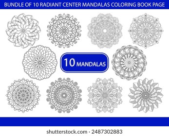 Paket von 10 Radiant Center Mandalas Malbuch Seite. Leichte Mandala Malbuch Seiten für Erwachsene zu entspannen, Erfahrungen geben Erleichterung. Datei mit veränderbarer Vektorgrafik