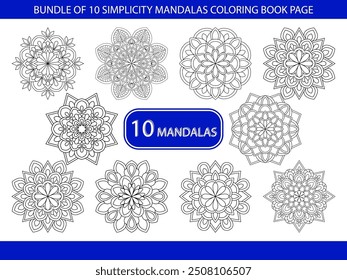 Paquete de 10 páginas de libros para colorear de Simplicity Mandalas. Páginas fáciles de libros para colorear de mandala para que los adultos se relajen, las experiencias dan alivio. Archivo de Vector de tamaño variable