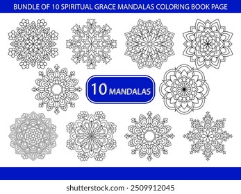 Paket von 10 Spiritual Grace Mandalas Malbuch Seite. Einfache Mandala Malbuch-Seiten für Erwachsene zum Entspannen, Erfahrungen geben Erleichterung. Größe der Vektordatei ändern