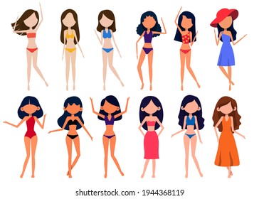 A bundle of 12 female characters in bathing suits and poses with assets in a white background. vector illustration flat design