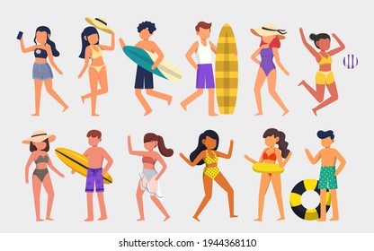 A bundle of 12 male and female characters in bathing suits and poses with assets in a white background. vector illustration flat design
