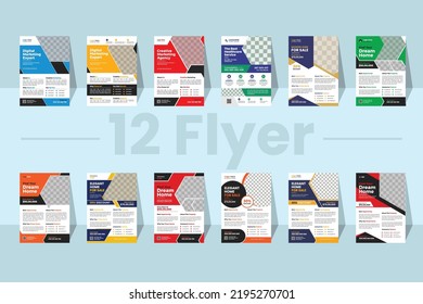 A Bundle Of 12 Templates Of A4 Flyer, Flyer Template Layout Design. Business Flyer, Brochure, Magazine, Or Flier Mockup In Bright Colors. Perfect For Creating Professional Business.