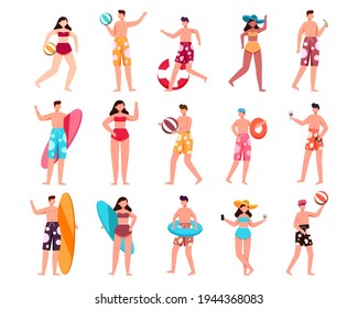 A bundle of 15 male and female characters in bathing suits and poses with assets in a white background. vector illustration flat design