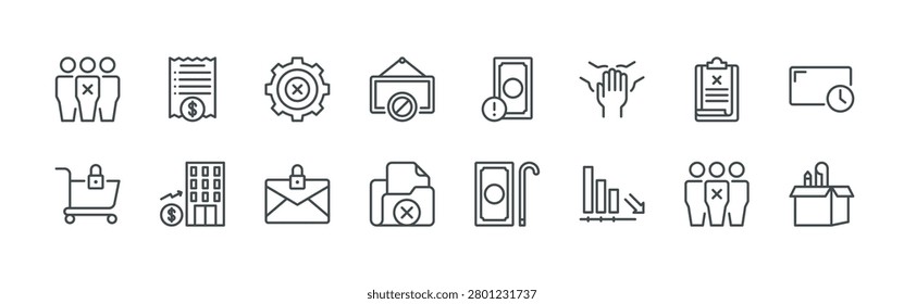 bundle of 16 thin line workplace closure icons such as khggw#024 layoff, eh8bi#042 shopping cart, 8caek#005 bill, cc0#040 sale, yj56h#007 cease of activity, m4ykc#025 letter, tegkb#010