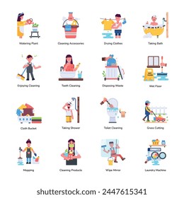 Paquete de 16 iconos planos de limpieza de moda 