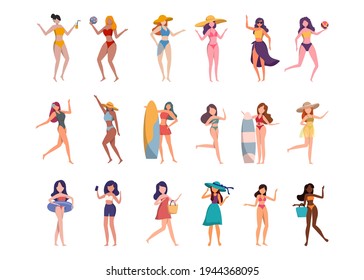 A bundle of 18 female characters in bathing suits and poses in a white background. vector illustration flat design