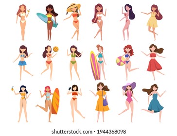 A bundle of 18 female characters in bathing suits and poses with assets in a white background. vector illustration flat design