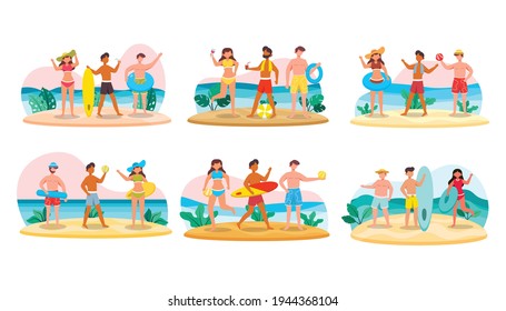 A bundle of 18 male characters in bathing suits and poses with assets on the beach. vector illustration flat design scene.