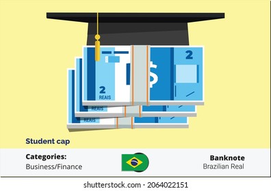 Paket von 2 brasilianischen Real Banknoten Invest in Bildung Konzept. Studentenkappe. brasilianische Währungs-, Geschäfts-, Zahlungs- und Finanzkomponente. Kann für Web, Mobile, Infografik und Print verwendet werden. 