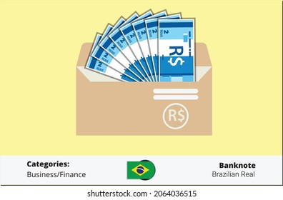 Paket mit 2 brasilianischen Real-Banknoten in Umschlag Vektorsymbol. brasilianische Währungs-, Geschäfts-, Zahlungs- und Finanzkomponente. Kann für Web, Mobile, Infografik und Print verwendet werden. EPS10 Vektorgrafik.