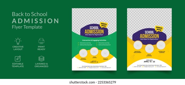 un conjunto de 2 plantillas de diseño de un folleto de 4 volantes, cartel de volante de admisión a la educación escolar, informe anual, folleto, portada de libros, publicidad, plantilla de folleto 
