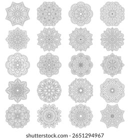 A bundle of 20 detailed mandala designs perfect for coloring books, wall art, t-shirt printing, tattoos, and digital projects. High resolution and ready for commercial use.