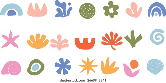 Un Paquete de 20 iconos abstractos dibujados a mano con Formas coloridas inspiradas en la naturaleza y un diseño minimalista. Perfecto para branding, redes sociales, Diseño web, packaging y proyectos creativos