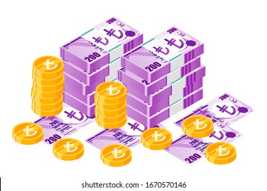 Bundle of 200 Turkish Lira banknotes money and gold coin vector isometric design. Indonesia currency, business, finance and Payment element. Can be used for web, mobile, infographic & print.