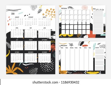 Bundle of 2019 year calendar, monthly and weekly planner and to-do-list templates with colorful smears, paint traces, scribble on background. Effective meeting planning. Creative vector illustration.