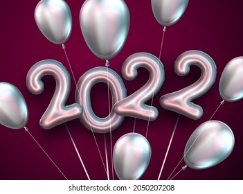Paquete de 2022 con globos de plata. Para volantes, afiches, tarjetas. Ilustración vectorial de vacaciones.