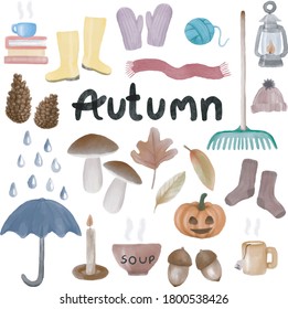 Bundle of 21 various cozy autumn feel items. Handmade, watercolor look, suitable for cards, invitations, t-shirts, merchandise, print making and so