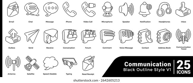 Paket von 25 3D-Icons für die Benutzeroberfläche in Kommunikation Themen-Icons Linienstil.