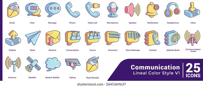 Pacote de 25 ícones 3d para a interface do usuário em Comunicação ícones temáticos Estilo de cor linear.