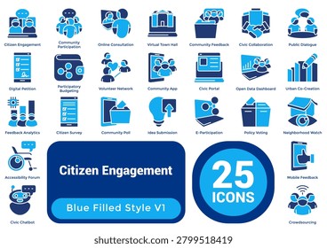 Bundle of 25 Citizen Engagement icons designed to represent participation systems, communication tools, and public interaction platforms for civic and smart city design visuals. Dualtone style.