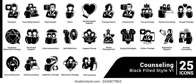 Bundle of 25 Counseling themed icons Black Filled style.