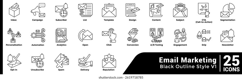 Bundle of 25 Email Marketing themed icons Line style.