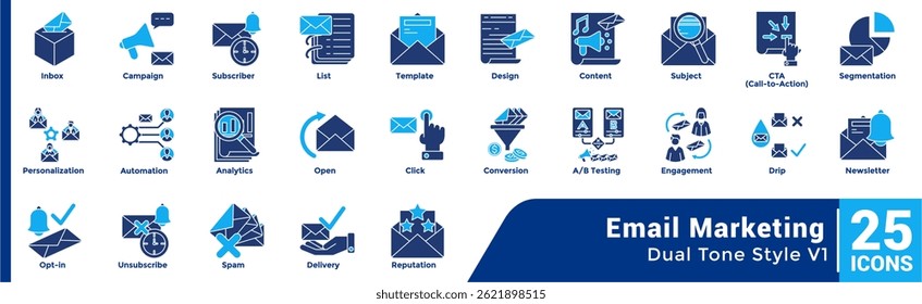 Paket von 25 E-Mail-Marketing-Themen Symbole Dualtone Stil.