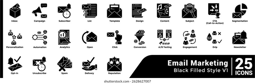 Pacote de 25 ícones temáticos de Marketing por E-mail estilo Black Filled.