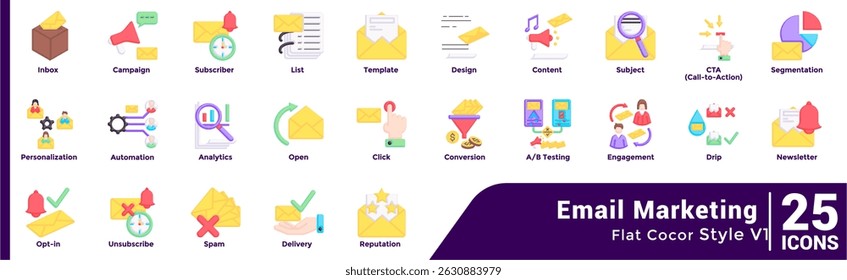 Bundle of 25 Email Marketing themed icons Flat style.